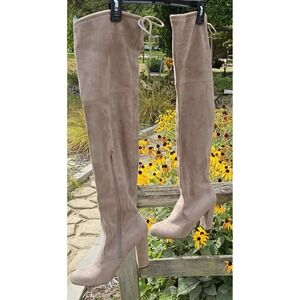 Thigh High Suede Boots With Ties & Side Zippers High HeelSize 7.5 Light Taupe